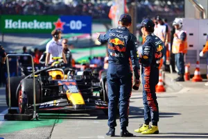 Max Verstappen (NLD) Red Bull Racing in sprint parc ferme with team mate Sergio Perez (MEX) Red Bull Racing. Formula 1