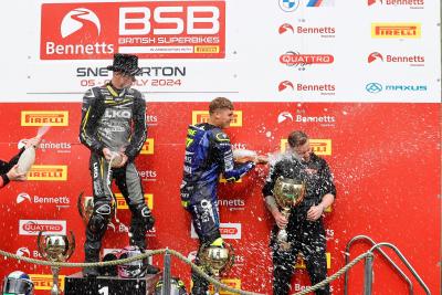 Kyle Ryde, Storm Stacey and Lewis Rollo, Race one podium, Snetterton, BSB, 2024, 6 July 