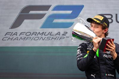 Kimi Antonelli celebrates his first F2 feature race win