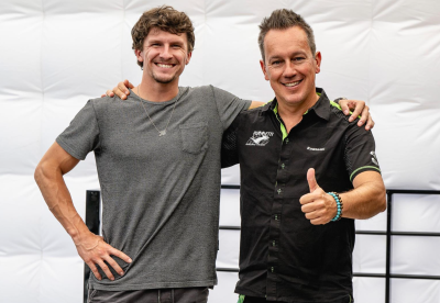 Garrett Gerloff with Manuel Puccetti on the announcement that Gerloff will ride an official Kawasaki for the Italian's team in 2025.