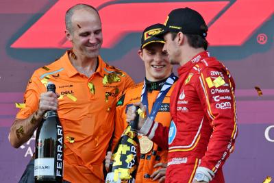 Oscar Piastri, race engineer Tom Stallard and Charles Leclerc