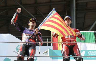 Jorge Martin, Francesco Bagnaia, 2024 MotoGP Malaysian Grand Prix, podium. Credit: Gold and Goose.