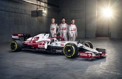 Alfa Romeo Drivers, Kimi Raikonen, Antonio Giovinazzi, and Robert Kubica, with 2021 Car C41