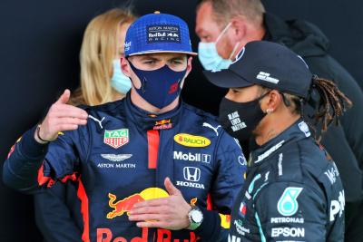 (L to R): Max Verstappen (NLD) Red Bull Racing with Lewis Hamilton (GBR) Mercedes AMG F1 in parc ferme.