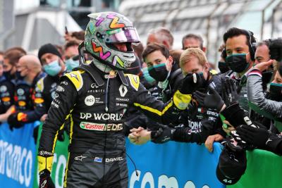 Daniel Ricciardo (AUS) Renault F1 Team celebrates his third position in parc ferme.