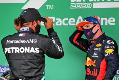 (L to R): Race winner Lewis Hamilton (GBR) Mercedes AMG F1 in parc ferme with Max Verstappen (NLD) Red Bull Racing.