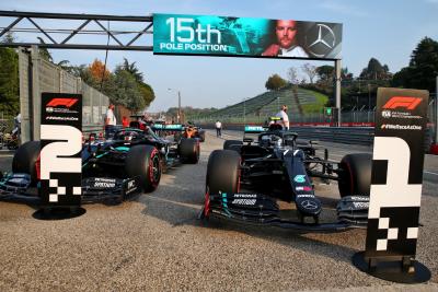 Pole sitter Valtteri Bottas (FIN) Mercedes AMG F1 W11 and second placed team mate Lewis Hamilton (GBR) Mercedes AMG F1 W11 in qualifying parc ferme.