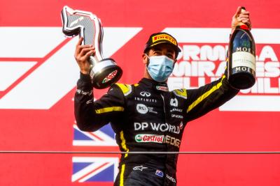 Daniel Ricciardo (AUS) Renault F1 Team celebrates his third position on the podium.