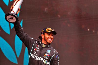 Race winner and World Champion Lewis Hamilton (GBR) Mercedes AMG F1 celebrates on the podium.