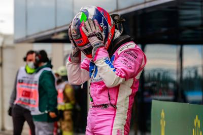 Sergio Perez (MEX) Racing Point F1 Team celebrates his second position in parc ferme.