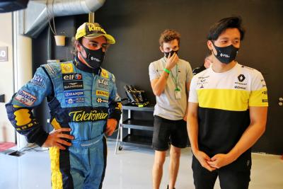 (L to R): Fernando Alonso (ESP) Renault F1 Team with Christian Lundgaard (DEN) Renault Sport Academy Driver and Guanyu Zhou (CHN) Renault F1 Team Test Driver.