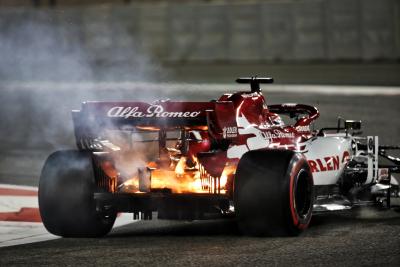 Kimi Raikkonen (FIN) Alfa Romeo Racing C39 on fire in the second practice session.