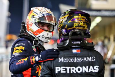 (L to R): Max Verstappen (NLD) Red Bull Racing celebrates his pole position in qualifying parc ferme with Lewis Hamilton (GBR) Mercedes AMG F1.