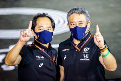 (L to R): Toyoharu Tanabe (JPN) Honda Racing F1 Technical Director and Masashi Yamamoto (JPN) Honda Racing F1 Managing Director celebrate victory for Max Verstappen (NLD) Red Bull Racing.