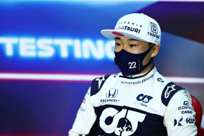 Yuki Tsunoda (JPN) AlphaTauri AT02 in the FIA Press Conference.