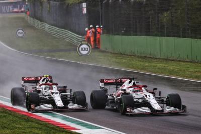 (L to R): Antonio Giovinazzi (ITA) Alfa Romeo Racing C41 and team mate Kimi Raikkonen (FIN) Alfa Romeo Racing C41 battle for position.