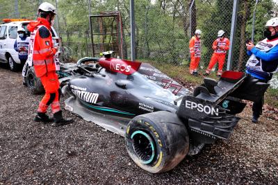 The damaged Mercedes AMG F1 W12 of Valtteri Bottas (FIN), who crashed out of the race.