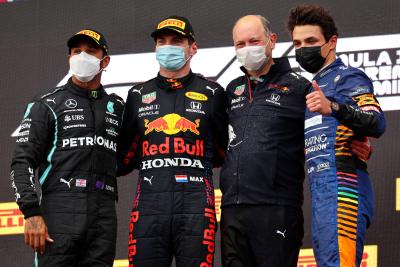 The podium (L to R): Lewis Hamilton (GBR) Mercedes AMG F1, second; Max Verstappen (NLD) Red Bull Racing, race winner; Karl Sengstbratl, Red Bull Racing Finance & Operations Director; Lando Norris (GBR) McLaren, third