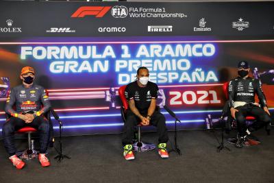 The post qualifying FIA Press Conference (L to R): Max Verstappen (NLD) Red Bull Racing; Lewis Hamilton (GBR) Mercedes AMG F1; Valtteri Bottas (FIN) Mercedes AMG F1.