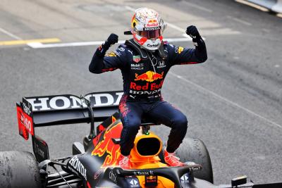 Race winner Max Verstappen (NLD) Red Bull Racing RB16B celebrates in parc ferme.