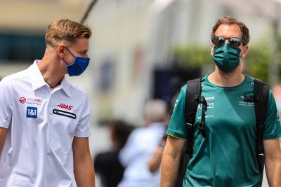 (L to R): Mick Schumacher (GER) Haas F1 Team with Sebastian Vettel (GER) Aston Martin F1 Team.