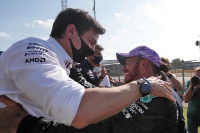 Race winner Lewis Hamilton (GBR) Mercedes AMG F1 celebrates at the end of the race with Toto Wolff (GER) Mercedes AMG F1 Shareholder and Executive Director.