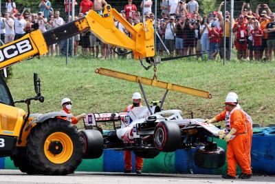 The Haas VF-21 of Mick Schumacher (GER) Haas F1 Team, who crashed in the second practice session.