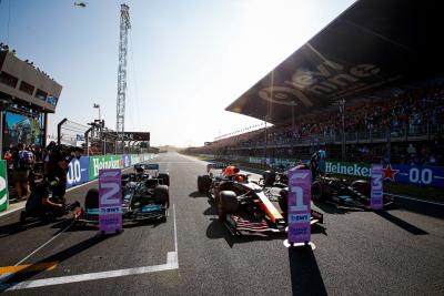 Top three in qualifying parc ferme (L to R): Lewis Hamilton (GBR) Mercedes AMG F1 W12, second; Max Verstappen (NLD) Red Bull Racing RB16B, pole position; Valtteri Bottas (FIN) Mercedes AMG F1, third.