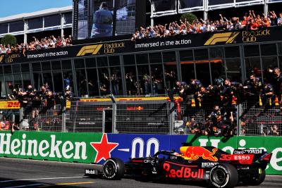 Race winner Max Verstappen (NLD) Red Bull Racing RB16B celebrates as he passes the team at the end of the race.