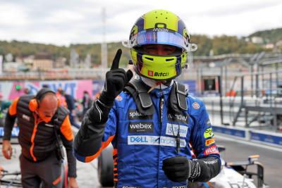 Lando Norris (GBR) McLaren celebrates his pole position in qualifying parc ferme.