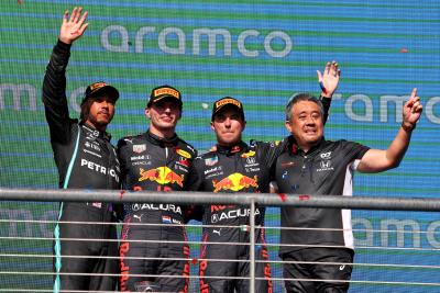 The podium (L to R): Lewis Hamilton (GBR) Mercedes AMG F1, second;Max Verstappen (NLD) Red Bull Racing, race winner; Sergio Perez (MEX) Red Bull Racing, third; Masashi Yamamoto (JPN) Honda Racing F1 Managing Director.