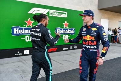 (L to R): Lewis Hamilton (GBR) Mercedes AMG F1 and Max Verstappen (NLD) Red Bull Racing in qualifying parc ferme.