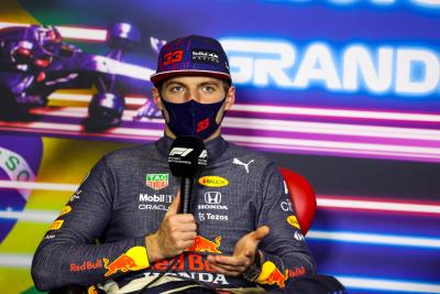 Max Verstappen (NLD) Red Bull Racing in the post race FIA Press Conference.