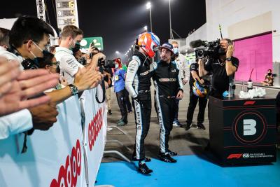 Third placed Fernando Alonso (ESP) Alpine F1 Team celebrates with team mate Esteban Ocon (FRA) Alpine F1 Team in parc ferme.