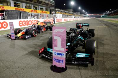 Race winner Lewis Hamilton (GBR) Mercedes AMG F1 W12 and second placed Max Verstappen (NLD) Red Bull Racing RB16B in parc ferme.