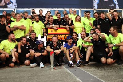 (L to R): Fernando Alonso (ESP) Alpine F1 Team celebrates his third position with Laurent Rossi (FRA) Alpine Chief Executive Officer; Esteban Ocon (FRA) Alpine F1 Team; and the team.