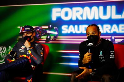 Lewis Hamilton (GBR) Mercedes AMG F1 and Max Verstappen (NLD) Red Bull Racing in the post race FIA Press Conference.