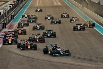 Lewis Hamilton (GBR) Mercedes AMG F1 W12 leads at the start of the race.