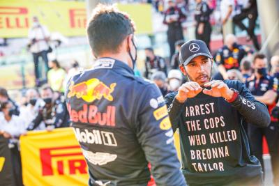 Race winner Lewis Hamilton (GBR) Mercedes AMG F1 in parc ferme with third placed Alexander Albon (THA) Red Bull Racing.