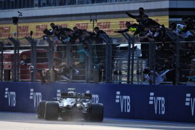 Race winner Valtteri Bottas (FIN) Mercedes AMG F1 W11 celebrates with the team at the end of the race.