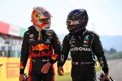 (L to R): Max Verstappen (NLD) Red Bull Racing with Lewis Hamilton (GBR) Mercedes AMG F1 in qualifying parc ferme.