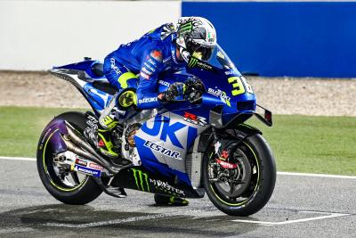 Joan Mir, practice start, flames, Qatar MotoGP test, 6 March 2021