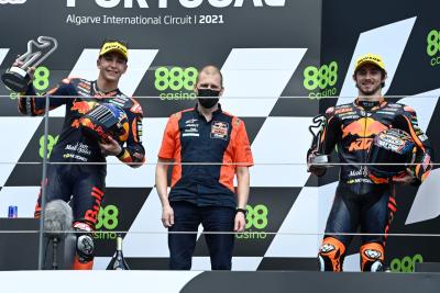 Raul Fernandez, Remy Gardner podium, Moto2 race, Portuguese MotoGP, 18 April 2021