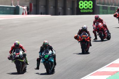 Aleix Espargaro Franco Morbidelli , Francesco Bagnaia sidways under braking, MotoGP race, Portuguese MotoGP. 18 April 2021