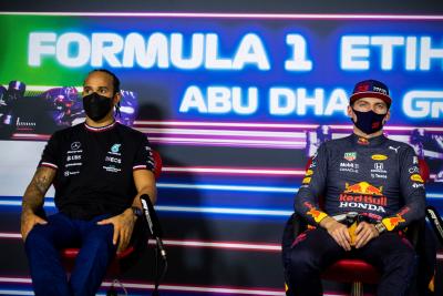 (L to R): Lewis Hamilton (GBR) Mercedes AMG F1 and Max Verstappen (NLD) Red Bull Racing in the post qualifying FIA Press