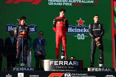 1st place Charles Leclerc (MON) Ferrari F1-75 with 2nd place Sergio Perez (MEX) Red Bull Racing RB18 and 3rd place George
