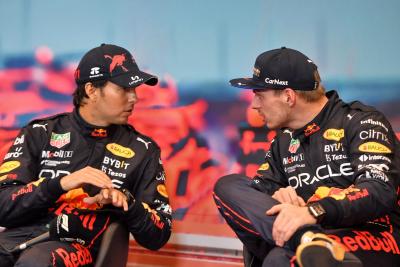 (L to R): Sergio Perez (MEX) Red Bull Racing and Max Verstappen (NLD) Red Bull Racing in the post race FIA Press