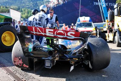 The damaged Mercedes AMG F1 W13 of George Russell (GBR) Mercedes AMG F1, who crashed out of qualifying. Formula 1 World