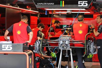 Ferrari F1-75 of Carlos Sainz Jr (ESP) Ferrari being prepared. Formula 1 World Championship, Rd 13, Hungarian Grand Prix,