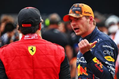 Max Verstappen (NLD) Red Bull Racing with Carlos Sainz Jr (ESP) Ferrari in qualifying parc ferme. Formula 1 World